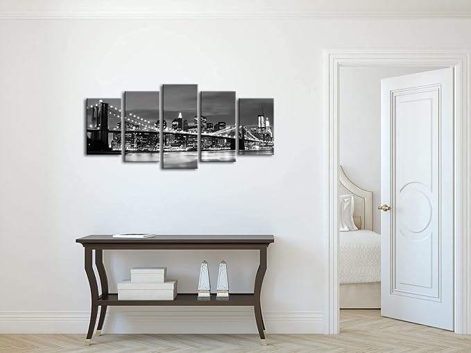 Wieco Art New York Brooklyn Bridge Canvas Wall Art Night View 5 Panels Modern - Image 8
