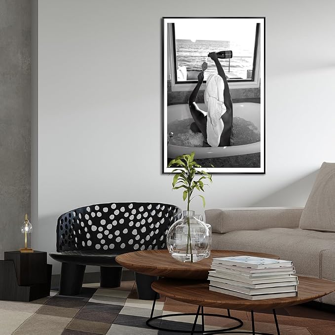 Trendy Black and White Poster Funny Woman Drinking Wine in Bathtub Wall Art - Image 4