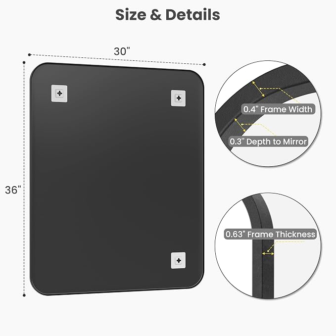 30x36 Inch Matte Black Bathroom Vanity Mirrors | Flush Mount Deep Set Metal - Image 7