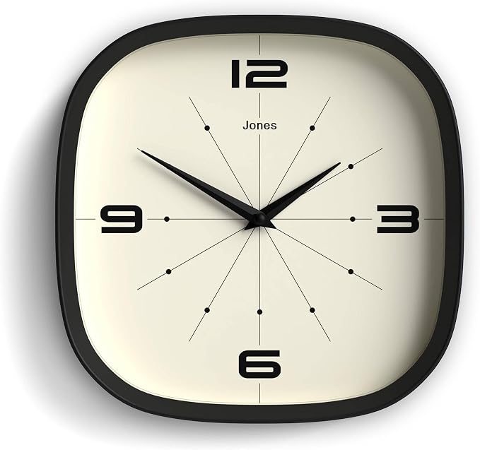 JONES CLOCKS® Pulsar wall Clock | Square Rounded Retro Clock | 10 inch | Black by JONESCLOCKS