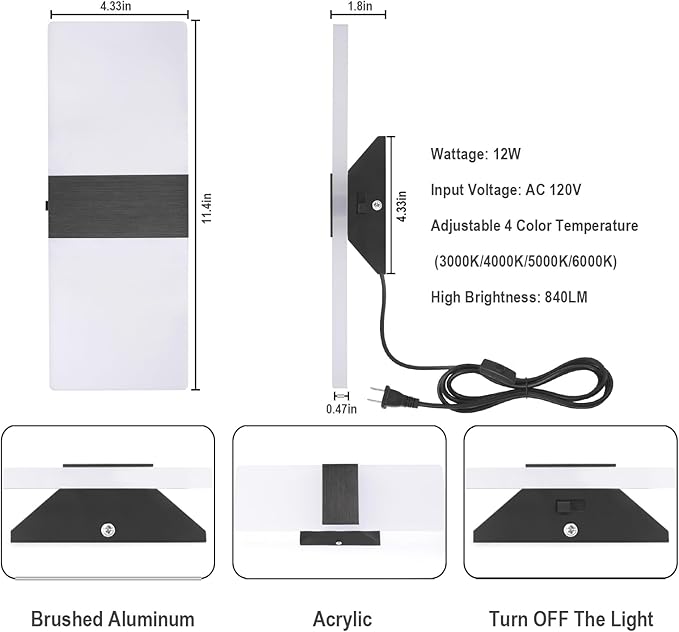 TRLIFE Modern LED Wall Sconces, Adjustable 4 Color Temperature 12W Wall Sconce - Image 4