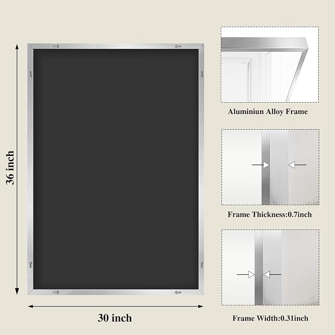 Koonmi Silver Rectangle Wall Mirror, 30x36 Inch Bathroom Mirror, Aluminum Frame - Image 2