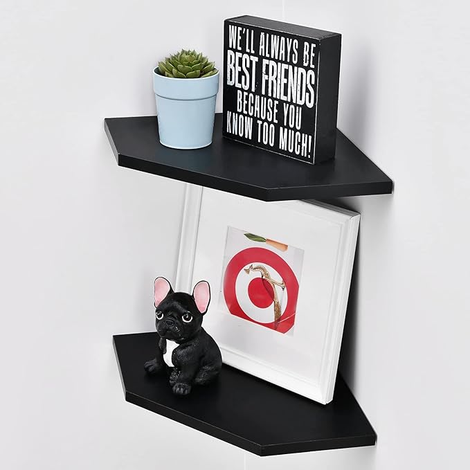 WELLAND 12-Inch Black Floating Corner Shelves Set of 2, Wall Mounted Storage by WELLAND