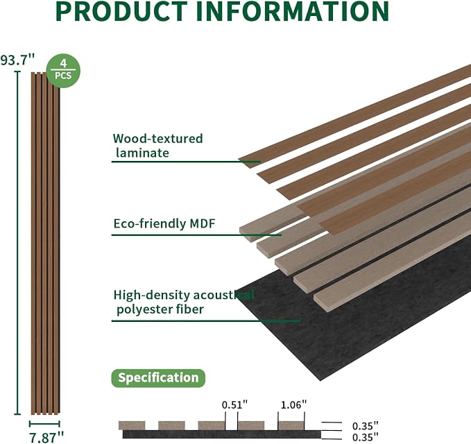 Wood Slat Acoustic Panels, 4 Pack 94" x 8" Wood Wall Panels, Soundproof Wood - Image 3