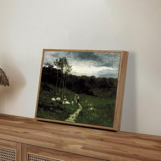 OIQArtOIQ Framed Vintage Landscape Wall Art Shepherd Natural Scenery Oil - Image 6