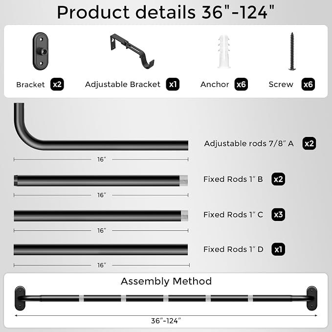 Curtain Rods 36-120 Inch, 1 Inch Adjustable Long Heavy Duty Room Darkening - Image 7