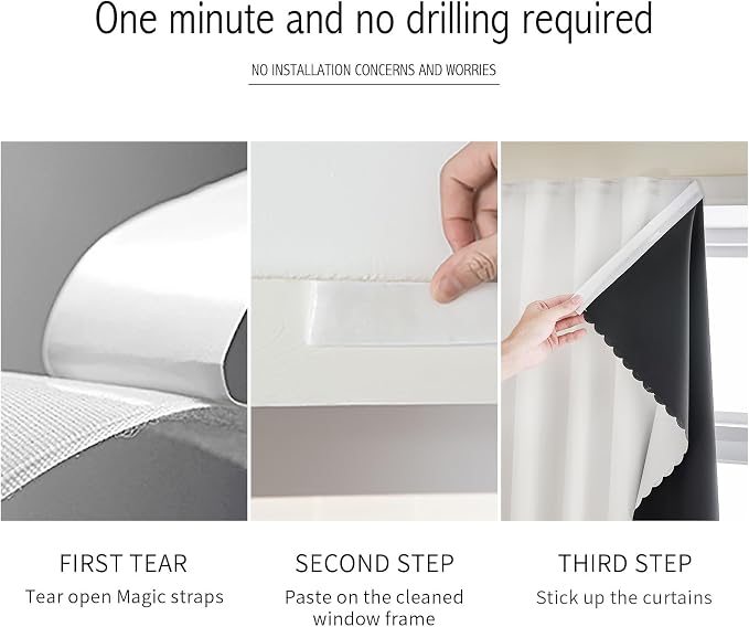 AJAZZ 100% Black Out Curtains Adhesive Blackout Temporary Curtain Rod No - Image 4