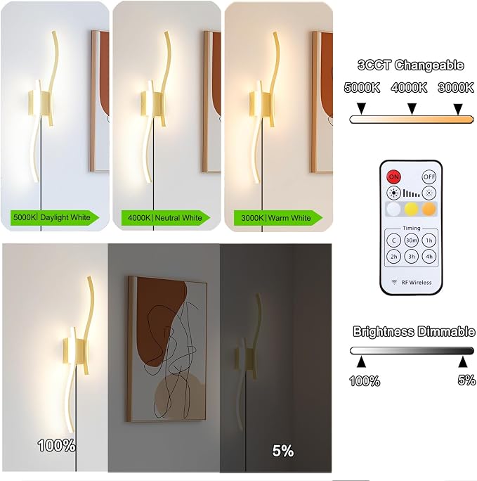 Daunton Modern Plug in Wall Sconce Set of 2, 3CCT Adjustable & Memory Function - Image 4
