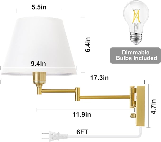 TRLIFE Wall Sconce Plug in, Brushed Brass Dimmable Wall Sconces Set of 2 Swing - Image 6