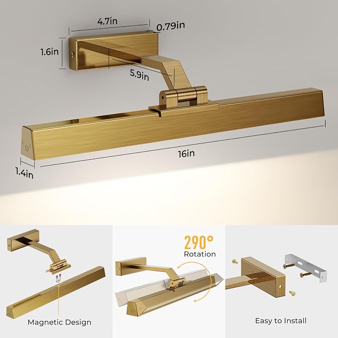 Afyuol Picture Lights for Wall, Brass Battery Operated Picture Light 16in Art - Image 6