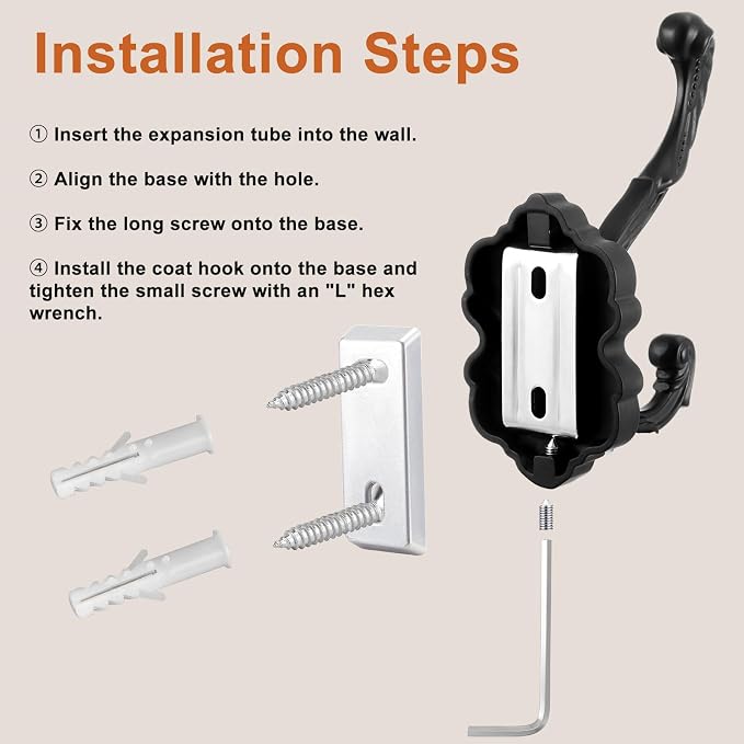 Zonon 2 Pcs Black Wall Hooks Set Vintage Coat & Towel Hooks - Image 4