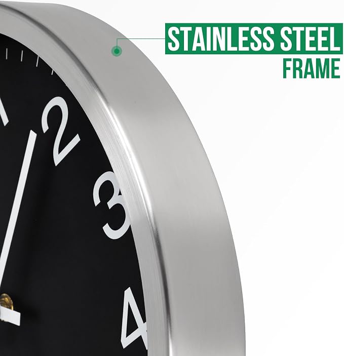 Wall Clock 12 Inch Metal Finish Silent Non Ticking Indoor Clock Round Battery - Image 4