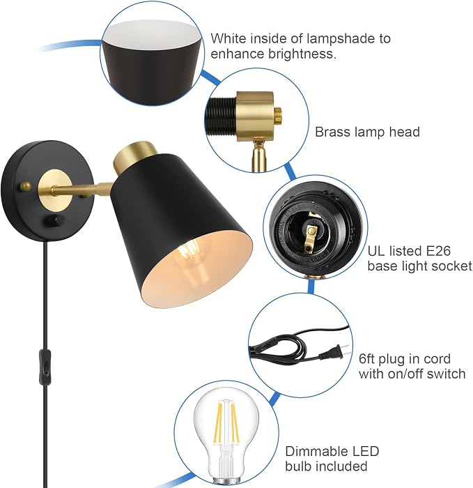 VATONI Wall Sconce Plug in, Dimmable Wall Sconces Adjustable Wall Lights - Image 4