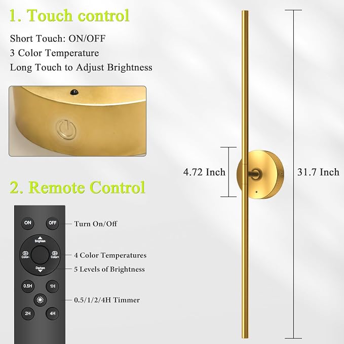 Battery Operated Wall Sconce Set of Two: Gold Wireless Rechargeable Wall Light - Image 8