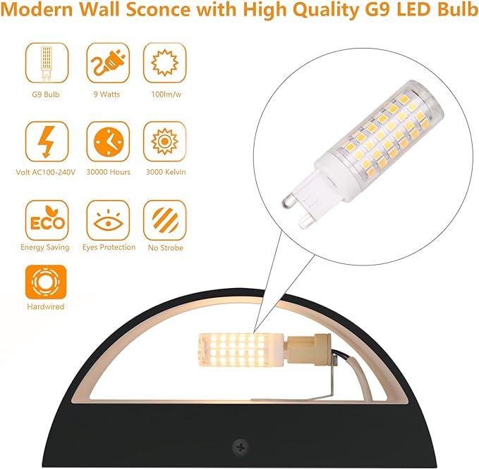 Aipsun Black Modern LED Wall Sconce Hardwired Indoor Wall Lights Set of 2 Up - Image 3