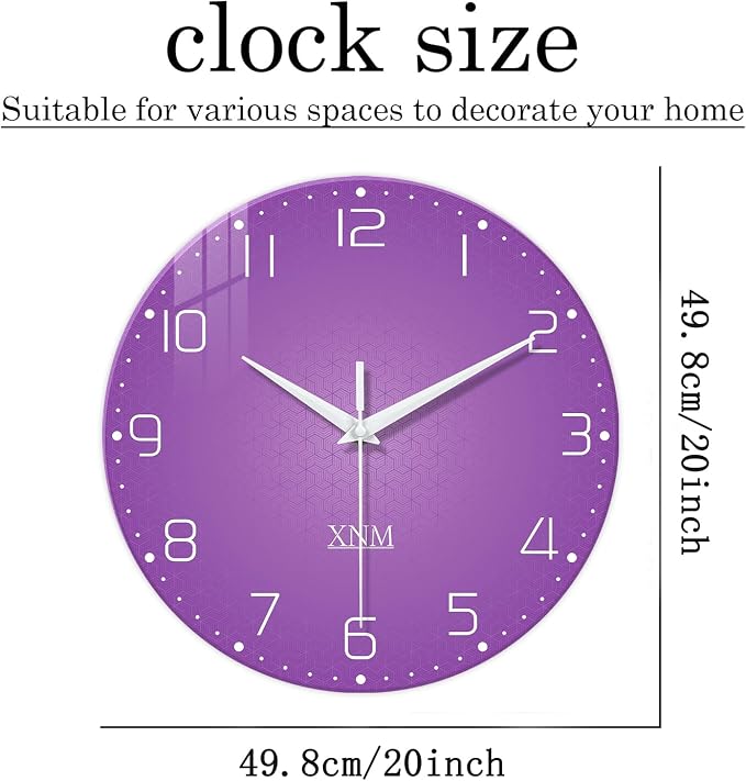 XNM Large Wall Clock for Girls Room 20 Inch Purple Clock Battery Operated Glass - Image 3