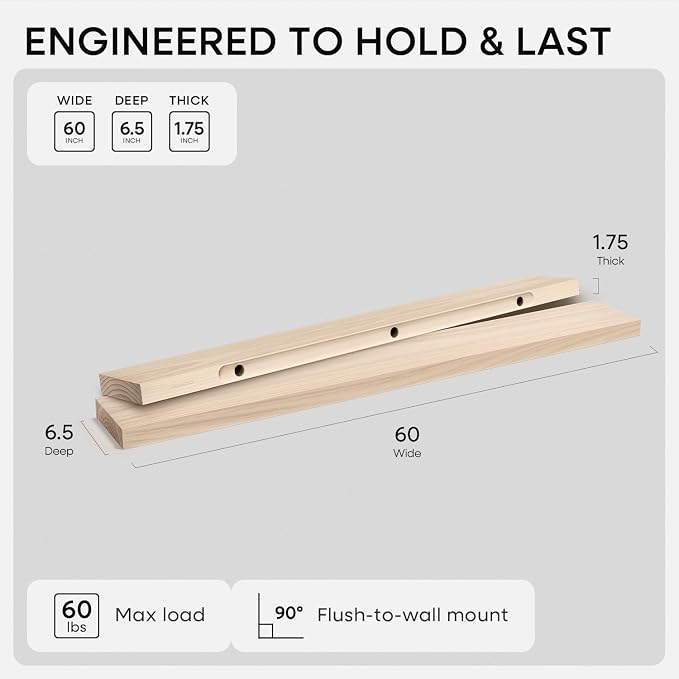 Homeforia 60 inch Wood Floating Shelf, High End Solid Natural Long Wood Shelf - Image 2