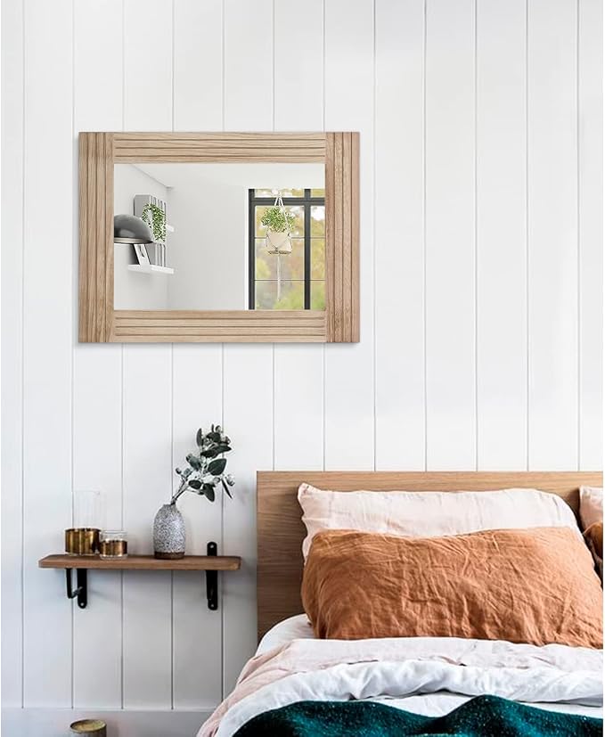 Rectangle Mirror Retro Wooden Wall-Mounted Mirrors Farmhouse Bedroom Bathroom - Image 5