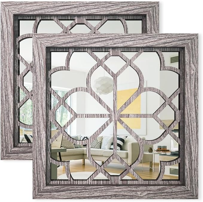 Set of 2 14 Inch Square Brown Window Pane Wall Mirrors, Shatterproof Rustic by HMANGE