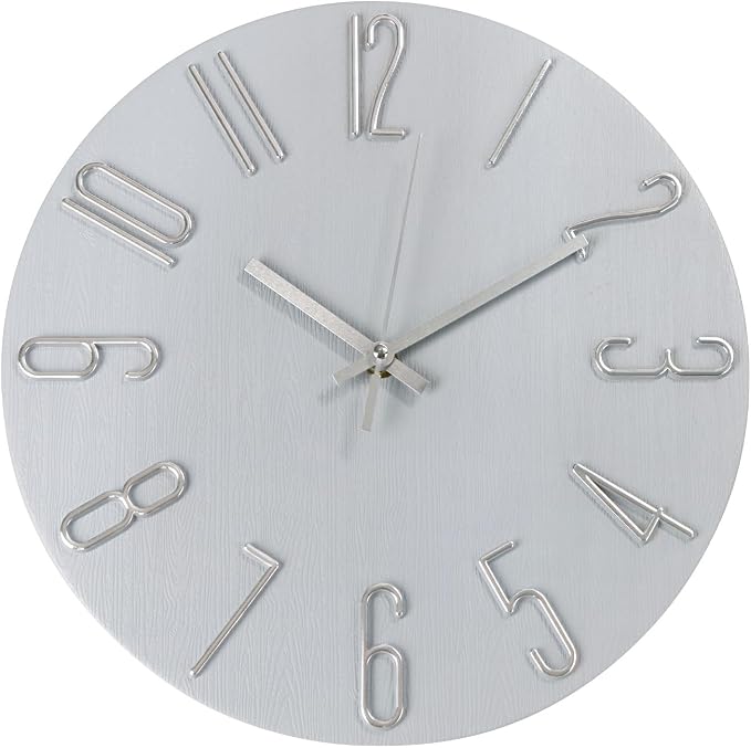 Wall Clock 12 Inch Silent Non-Ticking Imitation Wood Indoor Clock Round Gray by BAKBRAND