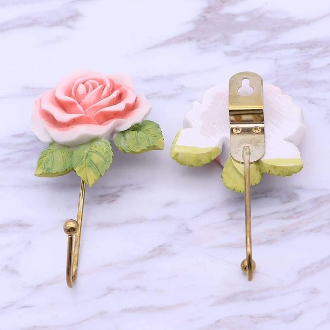 2 Pcs Pink Rose Decorative Wall Hooks, Fancy Resin Flower Towel & Key Hooks - Image 6