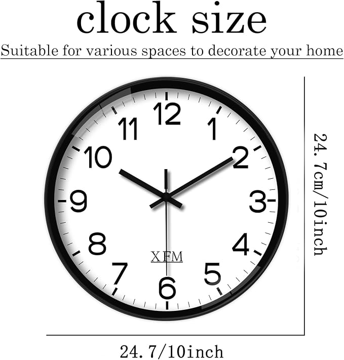 XFM Black Wall Clock 10 Inch Modern Small Wall Clocks Battery Operated Silent - Image 6