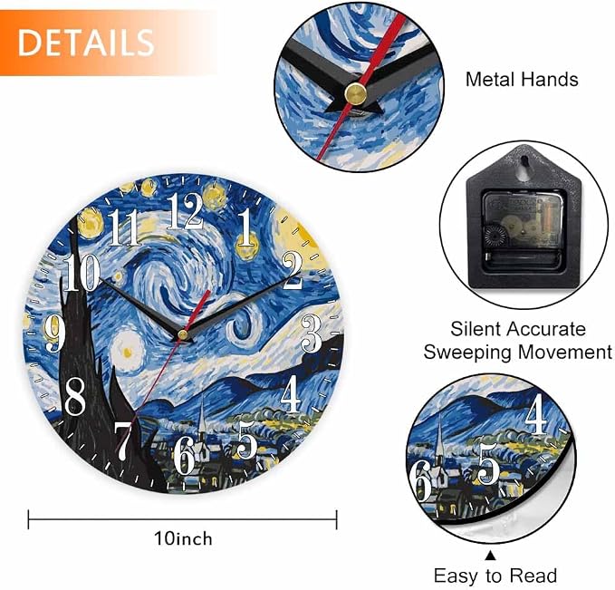 Mxocom The Starry Night Wall Clock Art Oil Painting Moon Mountain Village Van - Image 2
