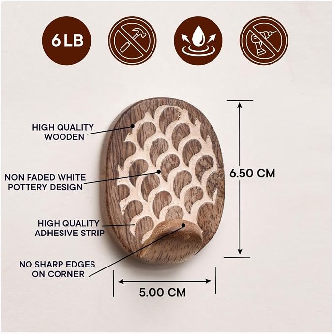 Indian Shelf 6 Lb- 6 Pieces Decorative Wood Adhesive Wall Hooks–Boho Peel and - Image 7