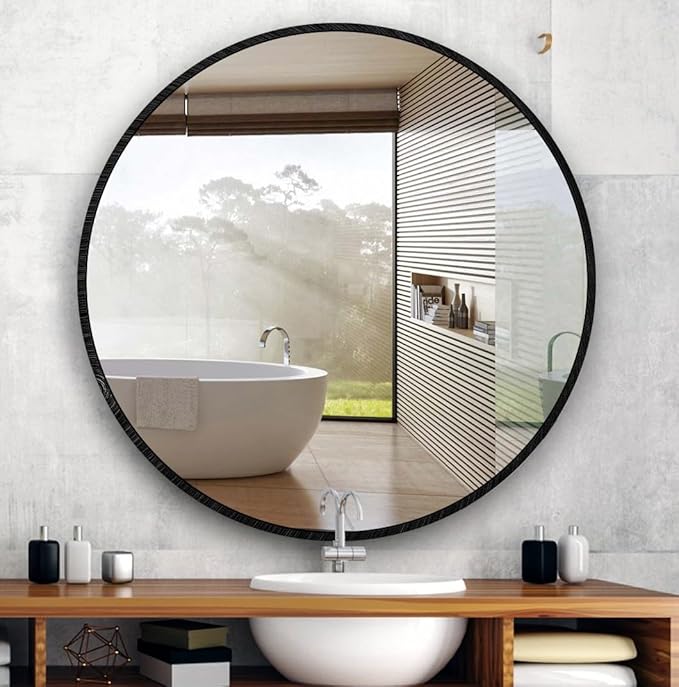 Itrue 30 Inch Round Wall Mirror, Brushed Black Metal Frame Circle Bathroom by Villacola