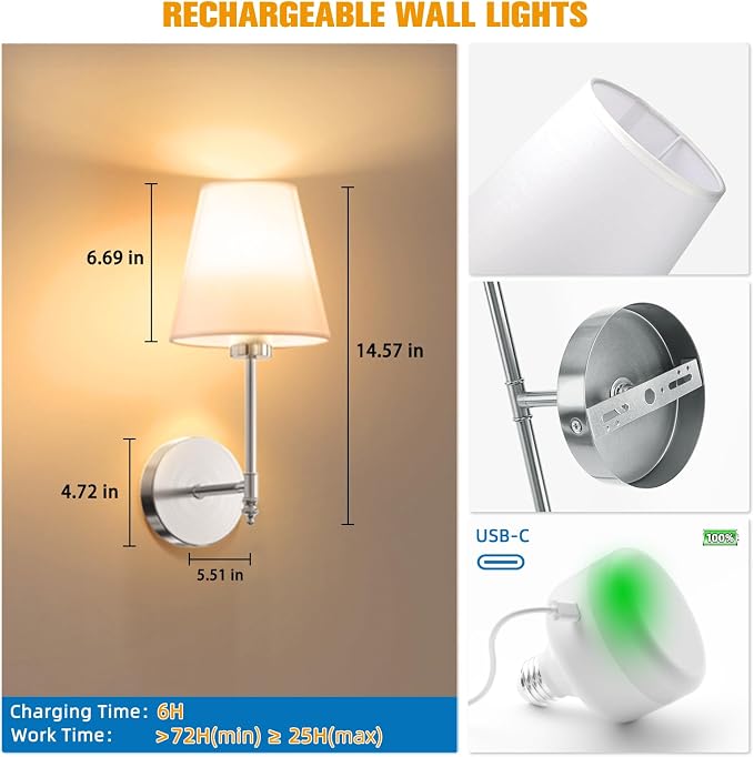 NIORSUN 14.5 inch Battery Operated Wall Sconce Set of 2, Brushed Nickel - Image 7