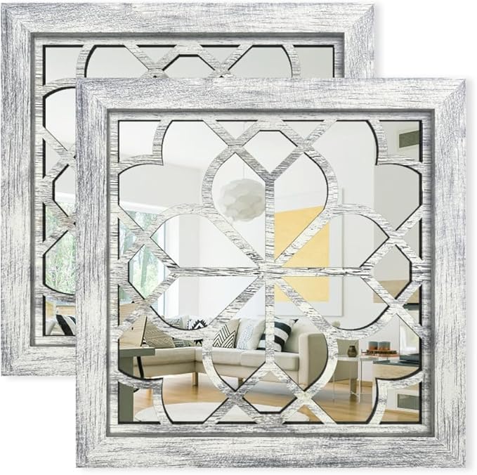 Set of 2 14 Inch Square Grey Window Pane Wall Mirrors, Shatterproof Rustic by HMANGE