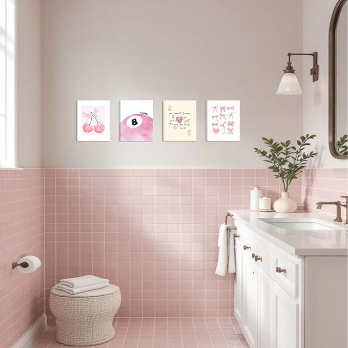 SEHSUVC Pink Coquette Y2K Lucky Wall Art Set of 4, Preppy Aesthetic Canvas - Image 7