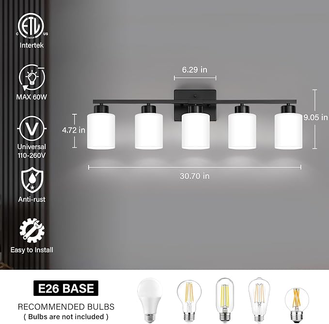 FonmYim Black Bathroom Light Fixtures, 5-Light Modern Vanity Light Over Mirror - Image 2