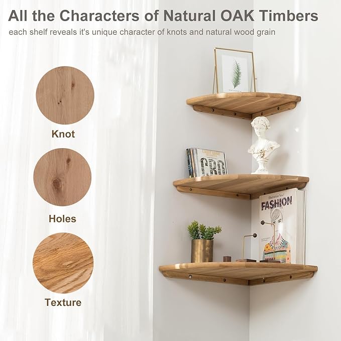 Corner Shelf, Solid Oak Wood Floating Corner Shelf Wall Mount Round End - Image 7