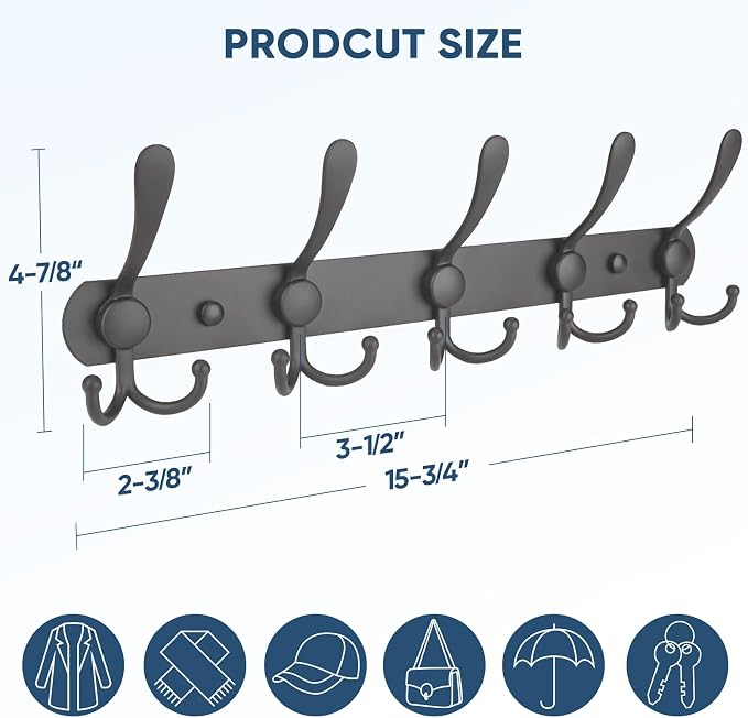 TICONN Wall Mounted Coat Rack, Five Heavy Duty Tri Hooks All Metal Construction - Image 2