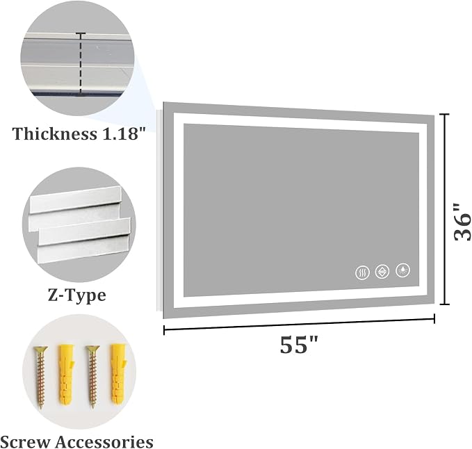 Koonmi 55"x36" LED Mirror for Bathroom, 90CRI Anti-Fog Vanity Mirror - Image 8