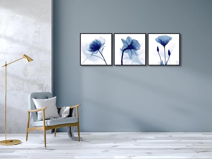 Wieco Art Framed Wall Art Blue Abstract Flowers 3 Panels Canvas Prints Home Art - Image 5