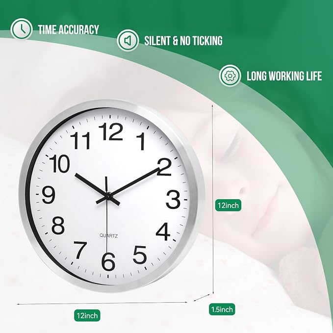 Wall Clock 12 Inch Silver Brushed Finish Silent Non Ticking Indoor Clock Round - Image 3