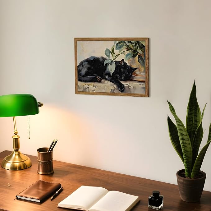 Framed Black Cat Canvas Wall Art, Vintage Sleeping Cat - Image 6