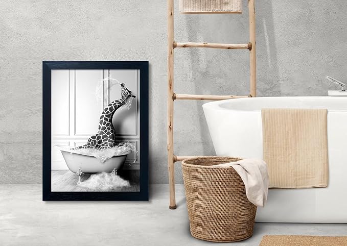 Black and White Bathroom Wall Art Funny Giraffe in Bathtub Wall Decor Framed - Image 8