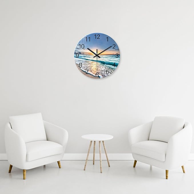 Blue Beach Wall Clock for Bedroom Glass Wall Clocks Battery Operated 12 Inch - Image 4
