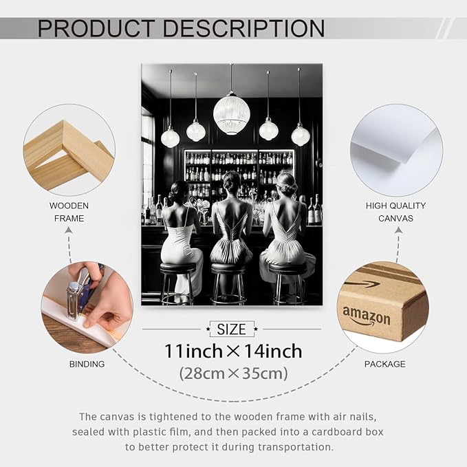 Vintage Black and White Framed Wall Art Trendy Women Drink Cocktail Posters - Image 2