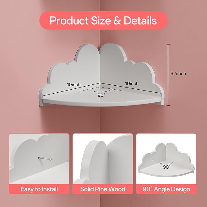 Cloud Corner Floating Shelves，Set of 3 White Corner Wall Shelf Floating Wooden - Image 2