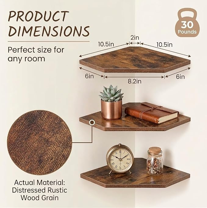 SUYU Set of 3 Floating Corner Shelves, 11.8" Rustic Wood Corner Shelf Wall - Image 3