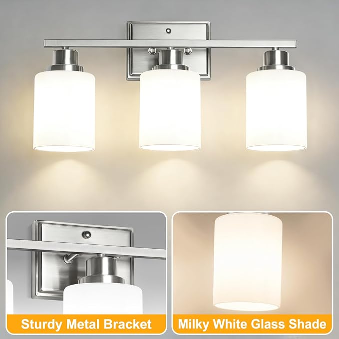 Unicozin 3-Light Bathroom Light Fixtures, Modern Brushed Nickel Vanity Light - Image 6