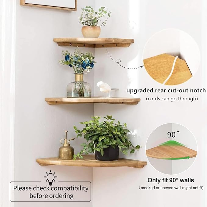 Corner Shelf, 7inch Solid Oak Wood Floating Corner Shelf Wall Mount Round End - Image 5