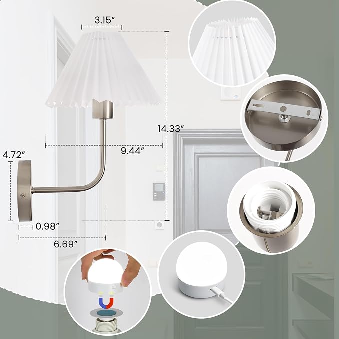 Wireless Wall Sconce Sets of 2, Pleated Shades Rechargeable Battery Operated - Image 5