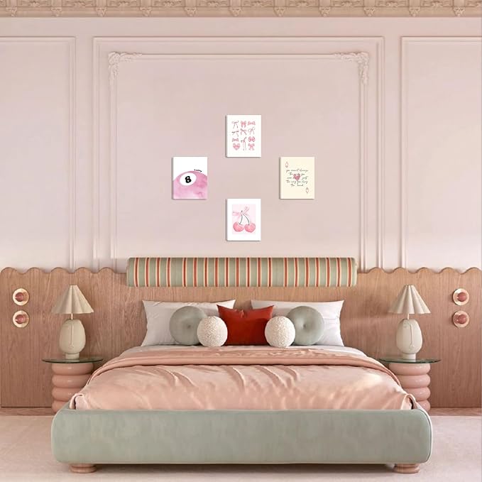 SEHSUVC Pink Coquette Y2K Lucky Wall Art Set of 4, Preppy Aesthetic Canvas - Image 8