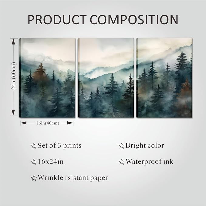 AKWISH Framed Green Forest Canvas Wall Art Set of 3, Boho Misty Watercolor Pine - Image 3