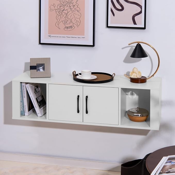 Giantex Wall Mounted Storage Cabinet 2 Cube Floating Media Hanging Desk W/2 - Image 6